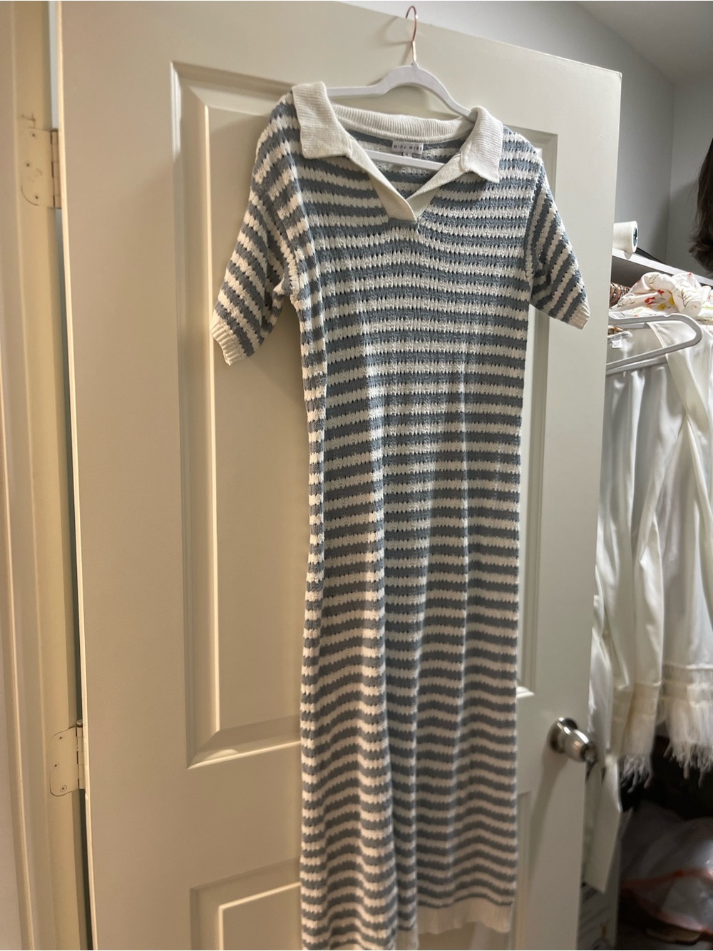 Striped Polo Collar Knit Maxi Dress in Cream and Light Blue